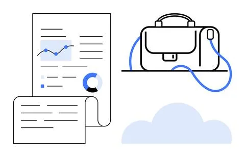 Business documents with charts and graphs, a briefcase representing mobility, Illustrazione stock