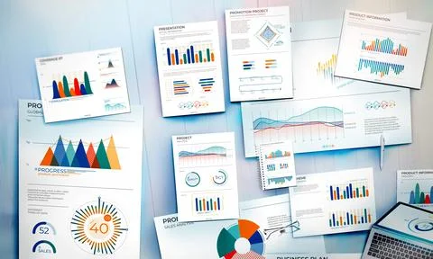 Business documents with infographics on the table. Stock Illustration