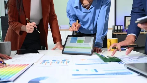 Business documents on office table with smart phone and calculator digital .. Stock Footage 313858160