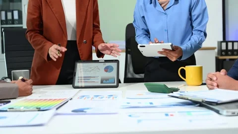 Business documents on office table with smart phone and calculator digital .. Stock Footage 313858161