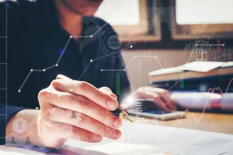 Business documents on office table with smart phone  graph financial with s.. Stock Photos