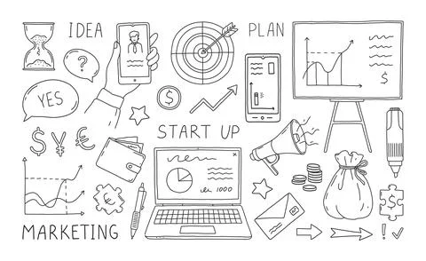 Business doodle. Startup sketch elements. Money earning. Economy profit graphic Illustrazione stock