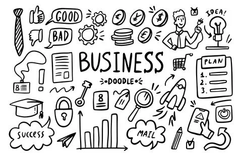 Business doodle vector set. Simple sketch outline marketing icons. Drawing Stock Illustration