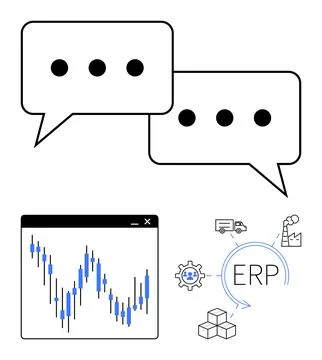 Business Elements Chat Bubbles, Financial Graph, and ERP System Components in Stock Illustration