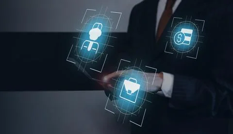 Business elements closeup concept image with white glyph icons Stock Photos