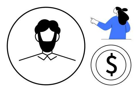 Business Elements with Dollar Sign and Person Illustration in Simple Design Illustrazione stock