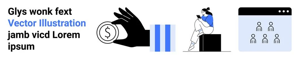 Business elements include text in blue and black, hand holding coin, woman us 스톡 일러스트
