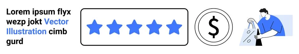 Business elements including a five-star rating, dollar sign, and a person ana 库存插图