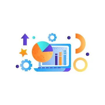 Business elements, laptop computer, data analysis, management, finance, strategy Stockillustratie