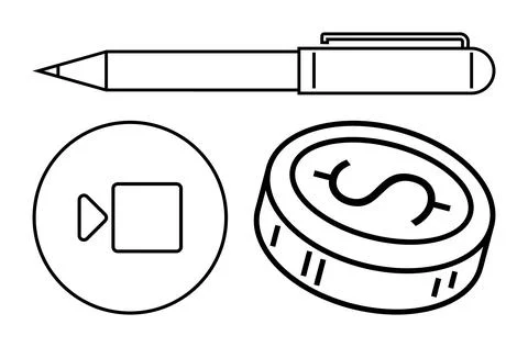Business Elements Pen, Play Button, and Dollar Coin for Business Planning a.. Stock Illustration
