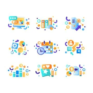 Business elements set, office tools, management, finance, strategy, marketing Stock Illustration