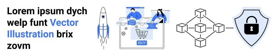 Business elements such as rocket for growth, ecommerce platform with team, ne Stock Illustration