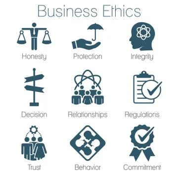 Business Ethics Solid Icon Set w Honesty, Integrity, Commitment, and Decision Stock Illustration