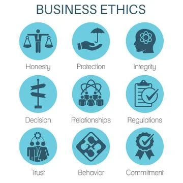 Business Ethics Solid Icon Set w Honesty, Integrity, Commitment, and Decision Stock Illustration