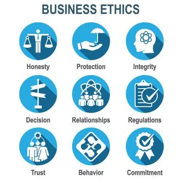 Business Ethics Solid Icon Set w Honesty, Integrity, Commitment, and Decision Stock Illustration