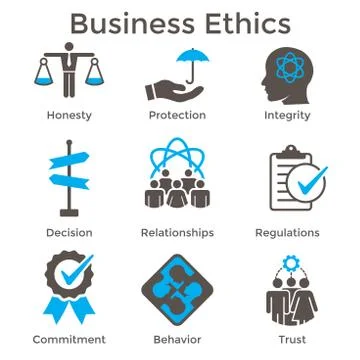 Business Ethics Solid Icon Set w Honesty, Integrity, Commitment, and Decision Illustrazione stock