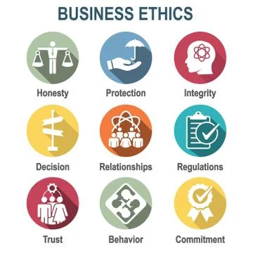 Business Ethics Solid Icon Set w Honesty, Integrity, Commitment, and Decision Illustrazione stock