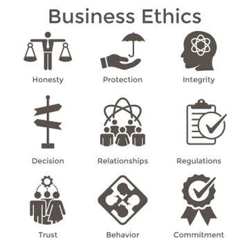 Business Ethics Solid Icon Set w Honesty, Integrity, Commitment, and Decision Illustrazione stock