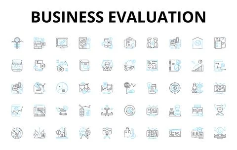 Business evaluation linear icons set. Analysis, Appraisal, Assessment Illustrazione stock