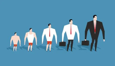 Business evolution. development of simple worker in pants to boss in suit. Fo Stockillustratie