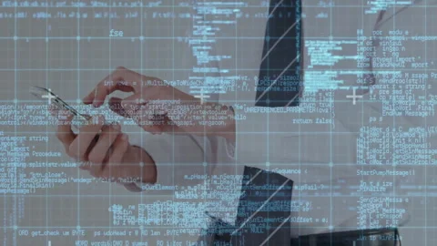 Business exec tapping phone causing code overlay expanding and compiling data Stock Footage 313494223