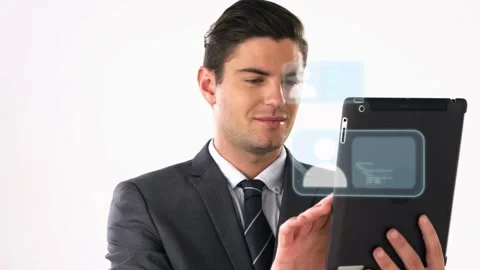 Business exec tapping tablet, causing blue UI panels with avatar icons stacking, Stock Footage 334703612