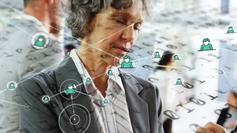 Business exec tapping tablet, sparking user icons and lines filling frame, Stock Footage 330195434