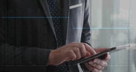 Business executive tapping tablet, visualizing code with blue data lines and Stock Footage 318240278