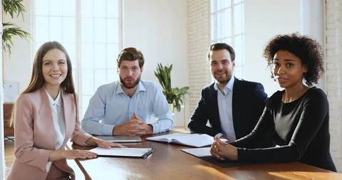 Business executive team looking at camera make conference video call Stock Footage