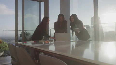 Business Executives Problem Solve on Project in Conference Room at Sunset Stock Footage 208800542
