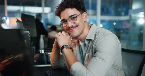 Business, face and smile of programmer man at desk in office as graphic designer Stock Footage 309049896