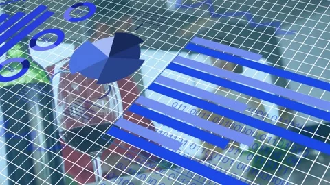 Business feed animating 3D overlay in office rotating pie extending bars hiding Stock Footage 333873521
