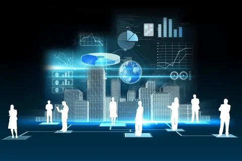 Business figures are exploring floating charts with holographic city on lit Stockillustratie