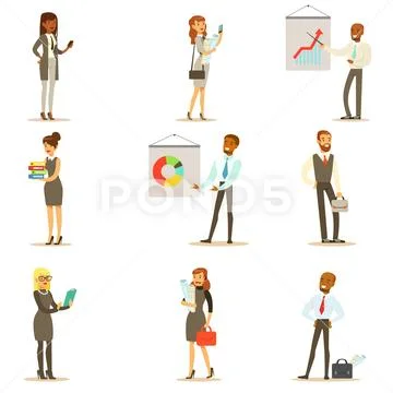 Business, Finance And Office Employees In Suits Busy At Work Set Of Smiling Stock Illustration