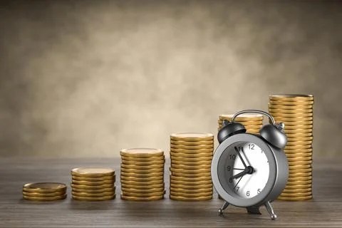 Business financial ideas concept with stack of coins and alarm clock isolate  스톡 일러스트