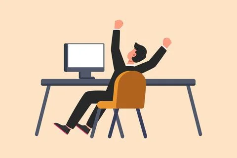 Business flat drawing back view happy businessman completed task and triump.. Stock Illustration