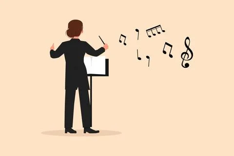Business flat drawing back view woman conductor performing on stage, female.. Stock Illustration