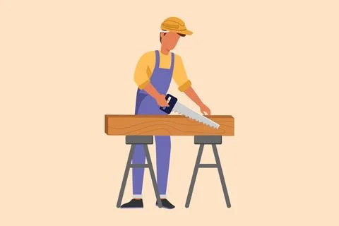 Business flat drawing builder or carpenter repairman sawing boards. Buildin.. 스톡 일러스트