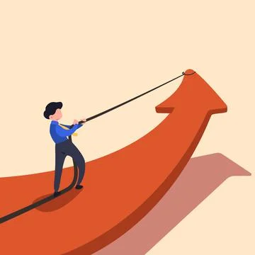 Business flat drawing businessman pulling big red arrow with rope and making Stock Illustration