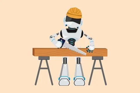 Business flat drawing robot carpenter repairman sawing boards. Building, co.. Ilustración de archivo