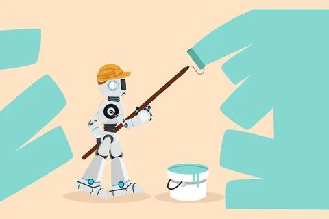 Business flat drawing robot painter holding paint brush roller, painting ho.. イラスト素材