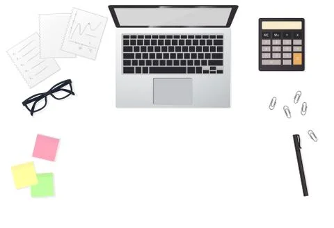 Business flat lay with lap top and graphs. Graphic illustration vector Stock Illustration