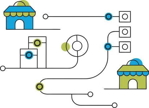 Business flow chart showing connected shop icons and data management elements Illustrazione stock