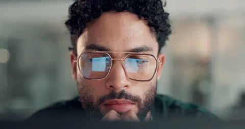 Business, glasses and man with reflection, online reading and risk management Stock Footage 314090216