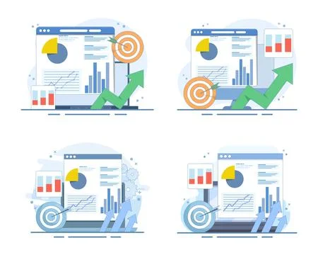 Business goals set, laptop performance graph, growth arrow. Stockillustratie