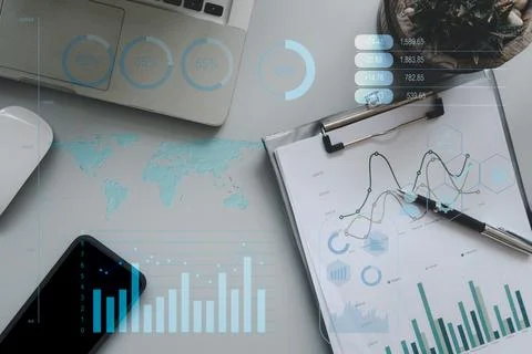 Business graph and chart digital marketing top view.Element of this image f.. Stock Photos