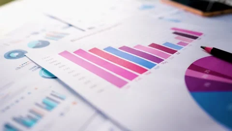 Business graph bar chart report papers laptop pencil view Stock Footage 293514621