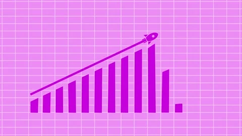 Business graph Bar Chart with Rocket Icon on Pink Background, Bar chart wit.. Stock Footage 304249114