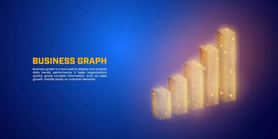 Business graph chart in glowing low poly style on dark blue background Stock Illustration