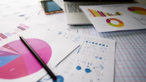 Business graph chart report paper laptop pencil smartphone view Stock Footage 293514963